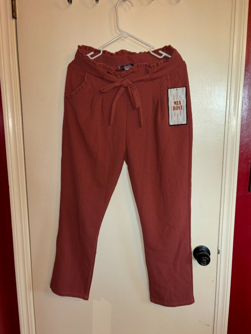 NWT Mia Rose Rust Color Ruffle Elastic Waistband Bow Tie Belt Paperbag Pants